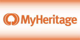 An orange logo for My Heritage