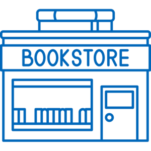 Bookstore A blue graphic outline of a bookstore