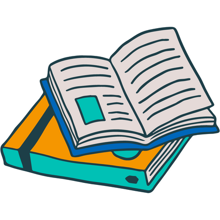 A blue, teal and orange graphic of books