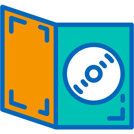 DVD donate A blue, teal and orange graphic of an open DVD case