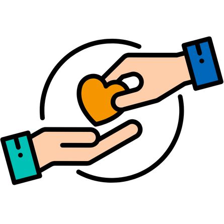 Donate hands giving A blue, teal and orange graphic of one hand passing a heart to a different hand