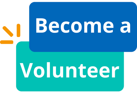 A blue, teal, and orange graphic that says, "become a volunteer"