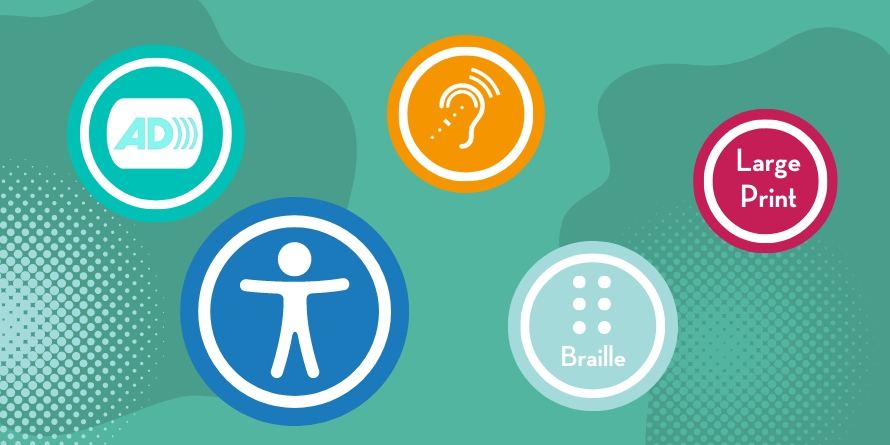 A teal blue background graphic with organic elements, including colorful circular graphic featuring symbols of accessibility