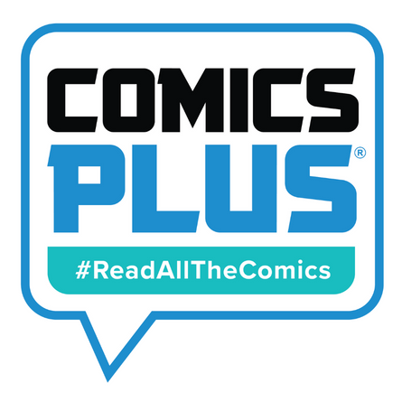 A blue and white graphic showcasing online service Comics Plus. A blue-outlined message box contains the Comics Plus logo, and a teal box within displays the hashtag #ReadAllTheComics.