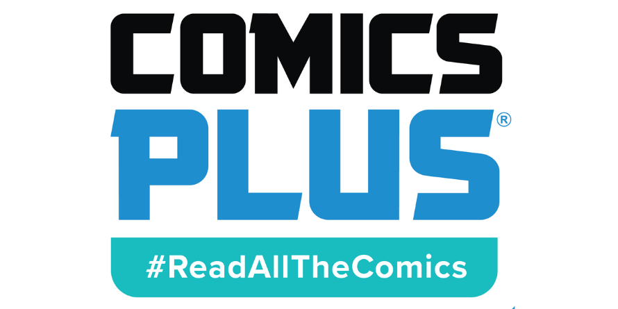 A blue and white graphic showcasing online service Comics Plus. Featuring the Comics Plus logo and a teal box displaying the hashtag #ReadAllTheComics.