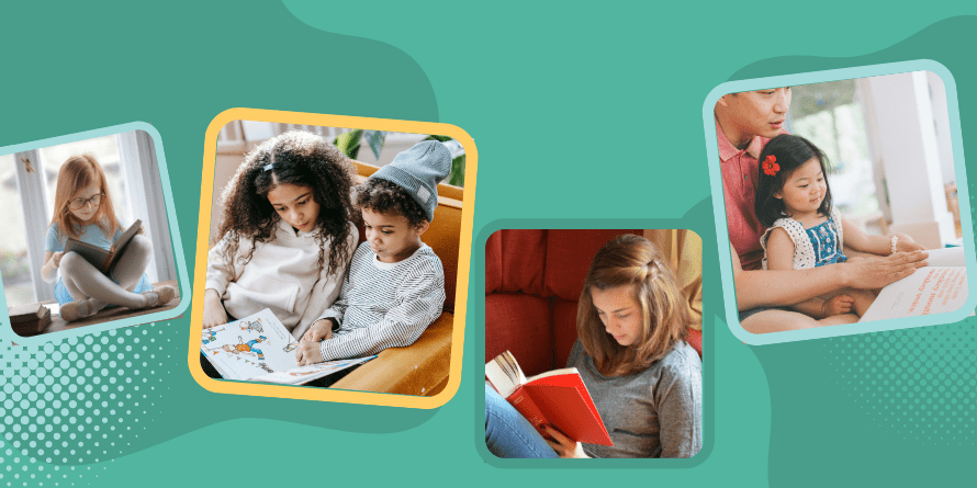 A teal blue background graphic with organic elements, including square photos of various children reading books